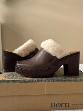 Born Brown Leather Shearling-Trim Platform Clogs